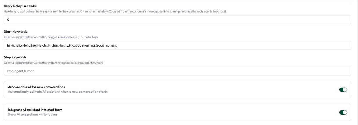 Automate AI assistant settings for reply delay, start keywords, stop keywords, auto-enable for new chats and typing suggestions
