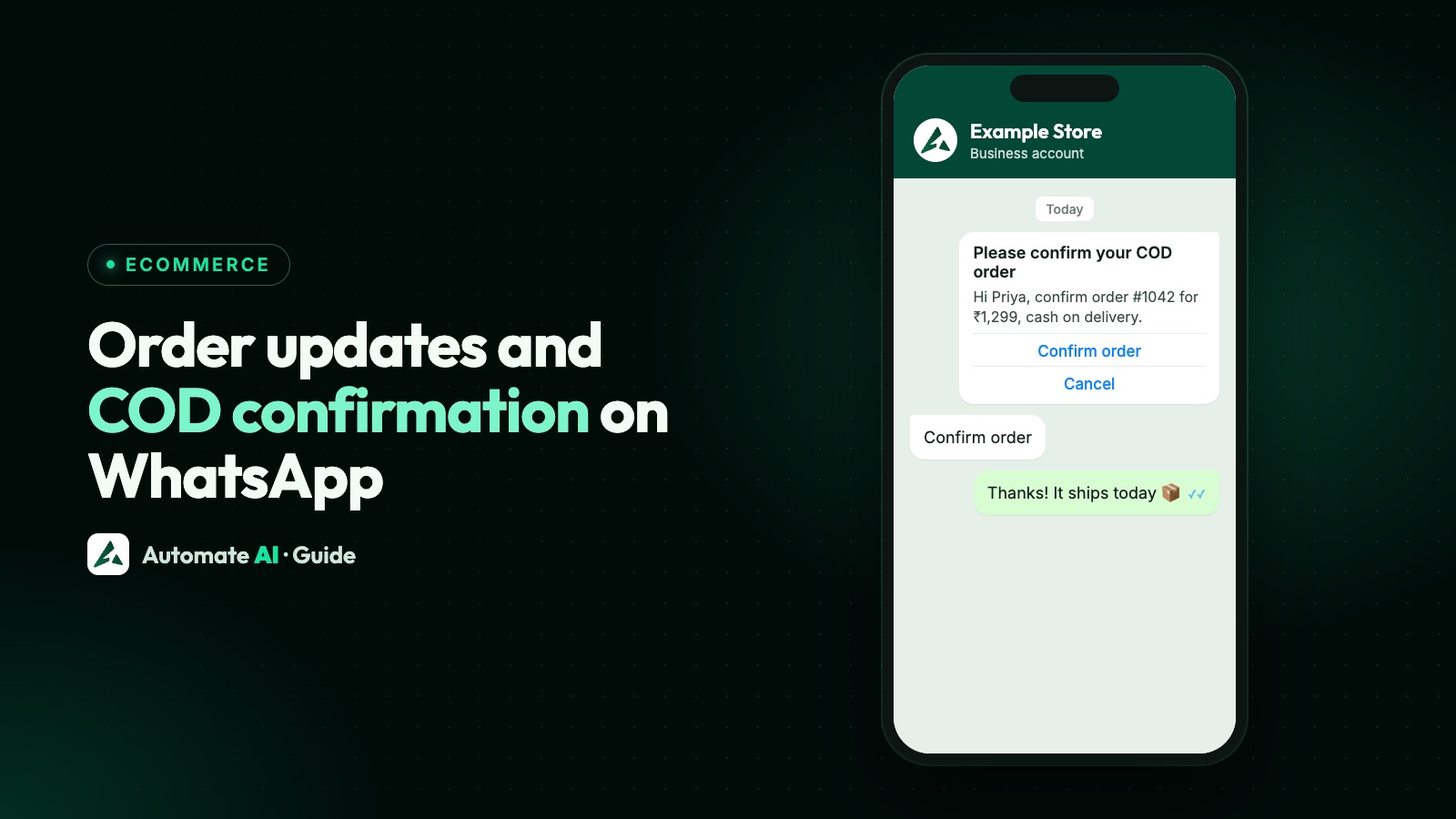 Illustration: a WhatsApp cash-on-delivery confirmation template with Confirm order and Cancel buttons (sample store)