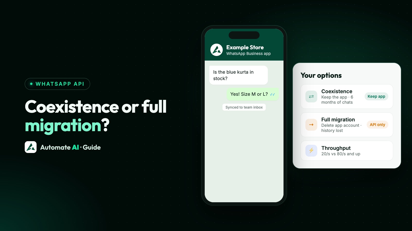 Illustration: a WhatsApp Business app number connected to a team inbox with coexistence, compared with moving it fully to the API