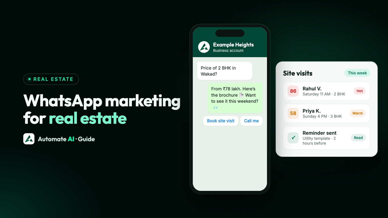 Illustration: a property enquiry on WhatsApp with a brochure, a site-visit booking and a lead score
