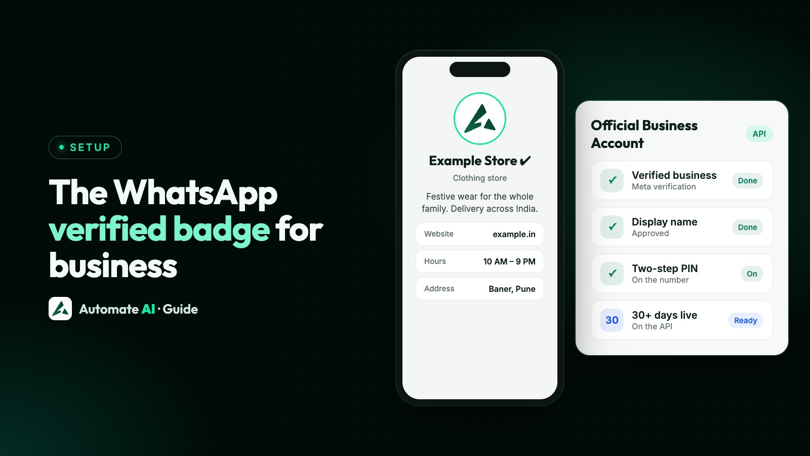 Illustration: a WhatsApp business profile with a blue verified checkmark and the requirements for an Official Business Account